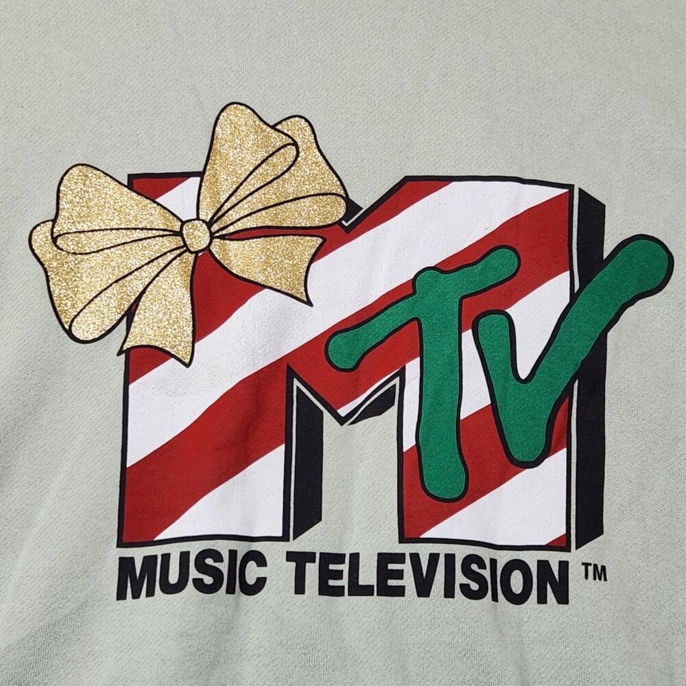 MTV Music Television Hoodie Womens XL Aqua Gray with Glitter Bow Print Pullover - Picture 3 of 8